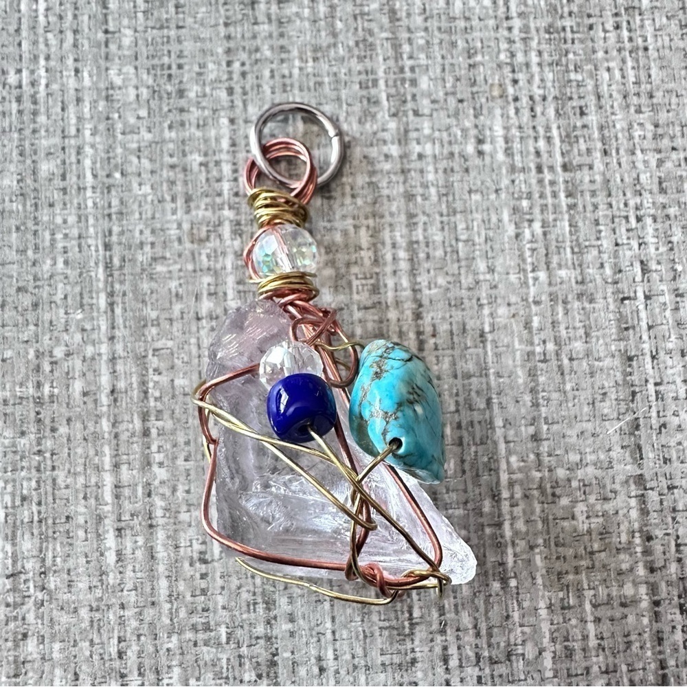 Collage beaded pendant Quartz Artisan Silver Wire-Wrapped Necklace handmade